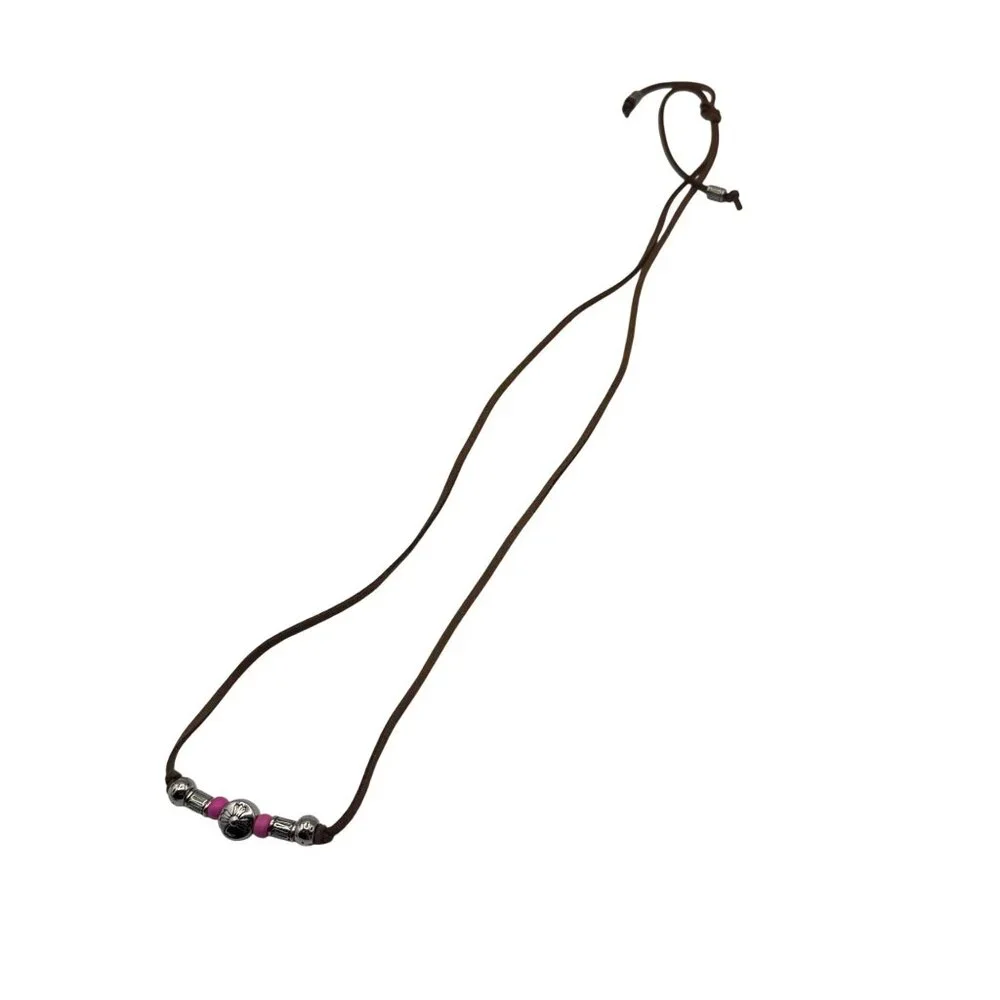 Brown Faux Suede Necklace W/ Silver & Pink Beads & Floral Design